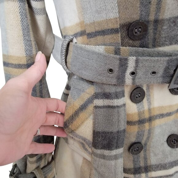 Rue 21 Size S Gray Tan Cream Plaid Polyester Wool Blend Double Breasted Jacket - Picture 2 of 14